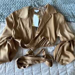 Brand new Le Ali’s gold silk crop top. Ties around waist, Size S